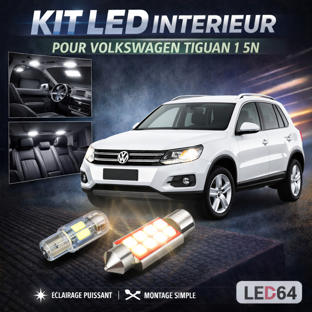 Kit ampoules LED blanc VW Tiguan 5N éclairage coffre et plafonnier pour voyage
