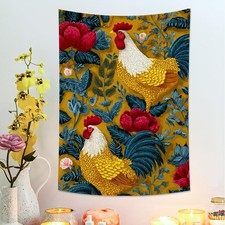 Golden Rooster Floral Tapestry, Vibrant Red Flowers and Green, 30x40 Inch