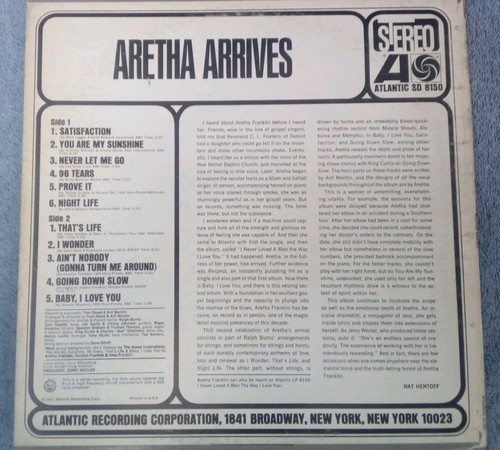 Aretha Franklin ARETHA ARRIVES, 12” STEREO LP on Atlantic Records SD 8150 EX - Picture 2 of 2
