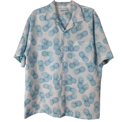 Mens Large White Teal Pineapple Seersucker Short Sleeve Button Shirt costal
