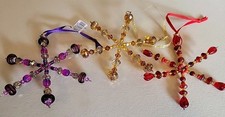 3 New Artisan Beaded Snowflake Ornaments Red, Gold, and Purple Glass Beads