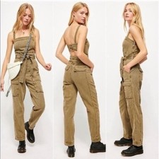 Free People NEW Size L Go West Utility Jumpsuit Overalls Army Sage Green Grunge
