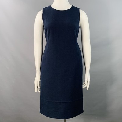 AKRIS Größe 12 Marineblau Wolle Krepp Ärmellos Knielang Etuikleid