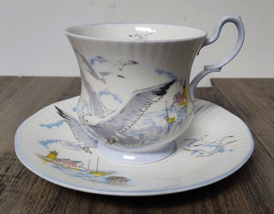 Rosina Queens Bone China Seagull Lighthouse White & Pale Blue TeaCup & Saucer-Ex