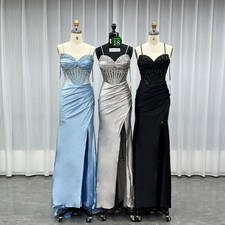 Luxurious Black Satin Crystals Prom Dress Long Slit Beaded Evening Party Gown