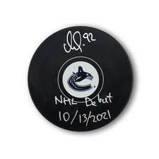 Vasily Podkolzin Autographed Vancouver Canucks Hockey Puck Inscribed NHL Debut