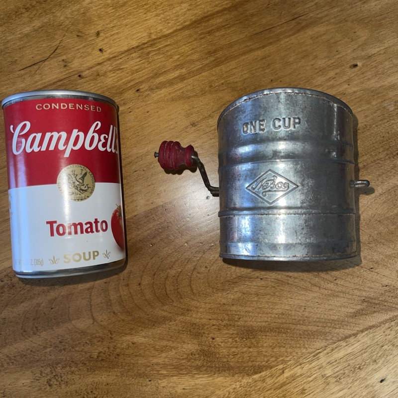 Vintage Nesco Child’s Toy Tin Flour Sifter Red Wood Knob 1950’s