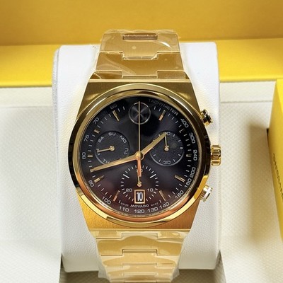 New Movado Bold Quest 3601198 Chronograph Black Dial Yellow Tone