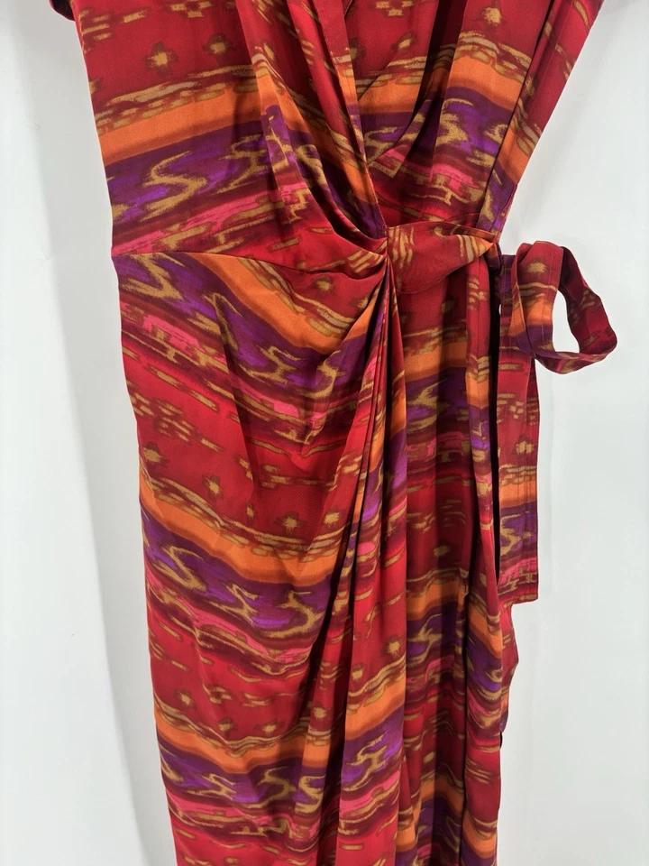 Maxi vestido envolvente vintage Maggy London para mujer 10 rayas rojas 100 % seda años 80 90 Foto 4 de 4