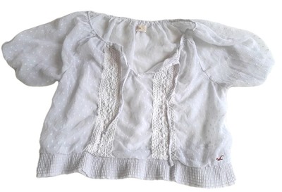 Hollister Sz Large Boho Peasant Swiss Dot Crochet Accent Puff Sleeve Sheer Top 