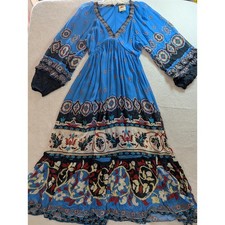 Farm Rio Blue Mixed Scarf Print Maxi Dress V-Neck Ruffle Long Sleeve Small