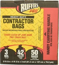 Ruffies Pro 1190274 Black Plastic 42 Gallon Contractor Trash Bag 50 Count, 3 Mil