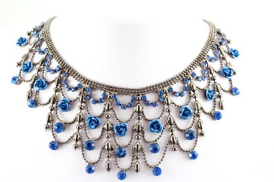 Blue Fancy Austrian Rhinestone Crystal Fancy Rose Necklace Earrings Set A 48097