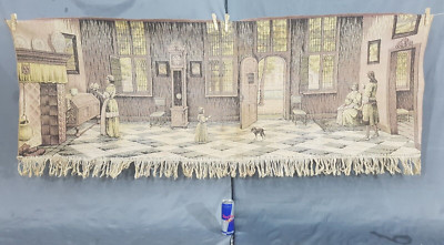 Vintage Französisches Alt Holländisches Haus Innen Szene Wandbehang Wandteppich 170x60 cm