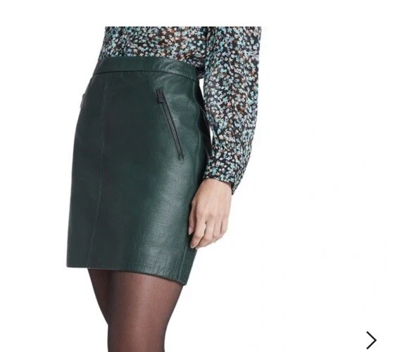 Green genuine top leather skirt