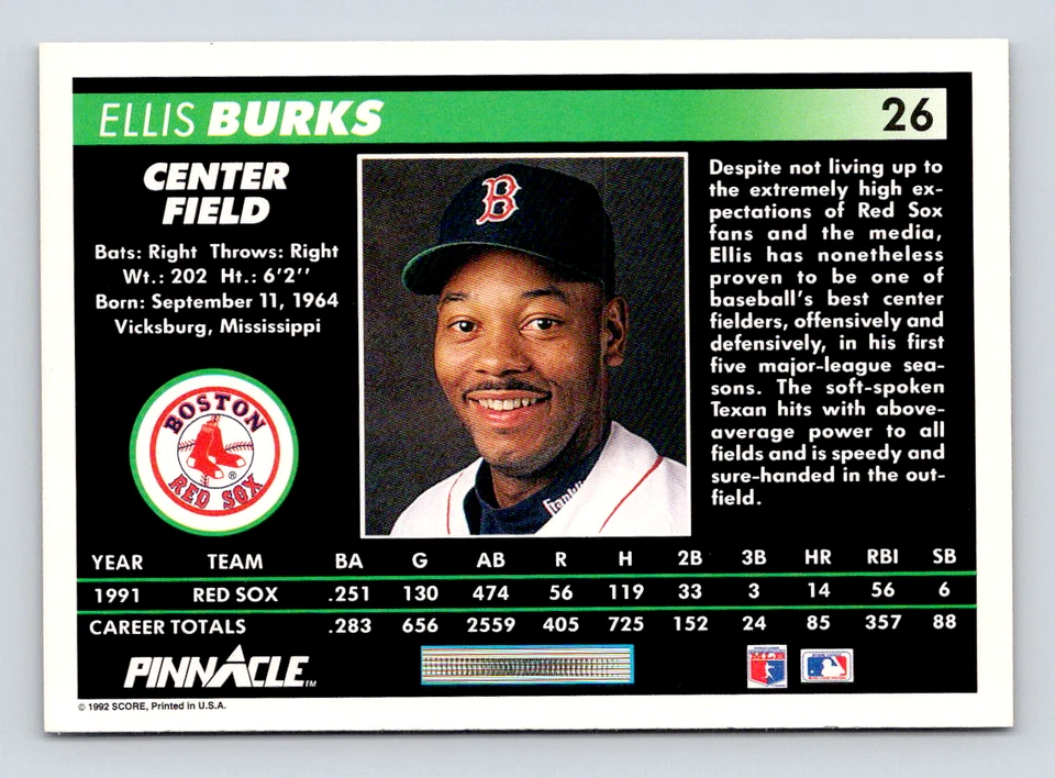 1992 Pinnacle / #26 Ellis Burks / Red Sox HOF, Ranger Coll. / Raw Vintage Card - Image 2 of 3