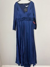 NWT Mac Duggal Blue Pleated Long Sleeve V-Neck Maxi Dress Size 14
