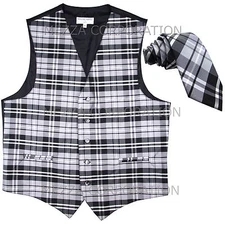 New Vesuvio Napoli formal Men's plaid Tuxedo Vest_2.5" Skinny Slim Necktie Gray
