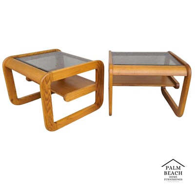 2) 1970's Mid Century Modern Hodges Mersman Oak Smoked Glass End