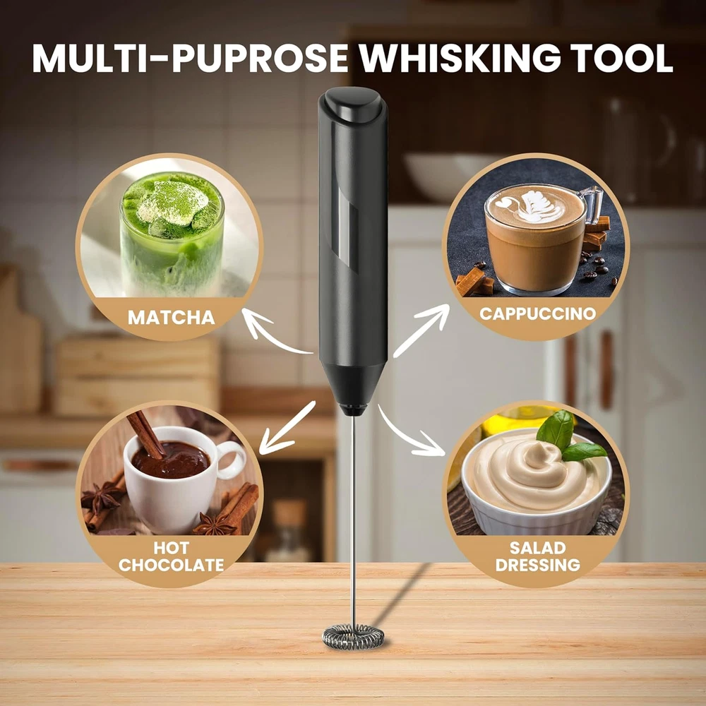 Milk Frother Handheld with Stainless Steel Stand, Battery Operated Whisk Maker H