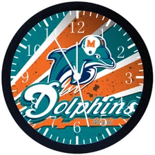 Miami Dolphins Wall Clock Large 12" Black Frame Glass Face Non-Ticking E439