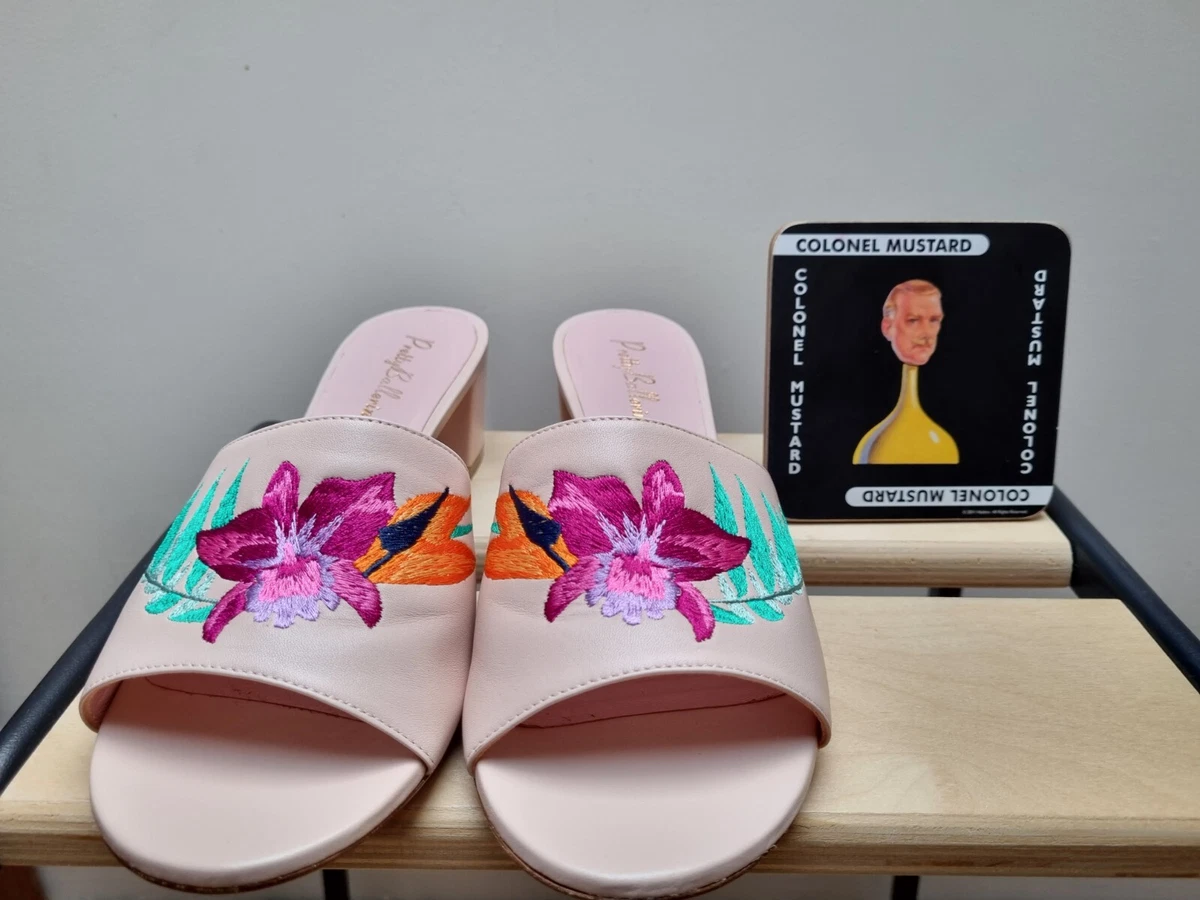 PRETTY BALLERINAS 40 7 coton Rosato Embroidered Pink Leather Block Heel Mules
