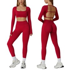 Yoga Sets for Women 2 Piece Long Sleeve Backless Crop Top Seamless High Waist...