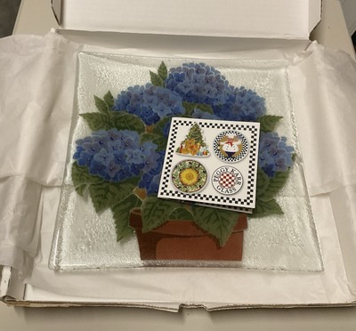 PEGGY KARR Fused Glass HYDRANGEA 10-inch Square Plate with BOX #2400421