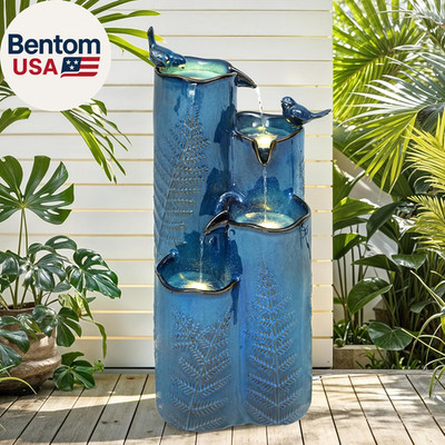 32'' H Ceramic Outdoor Water Fountain, 4-Tier Tropical Cascading Waterfall with L