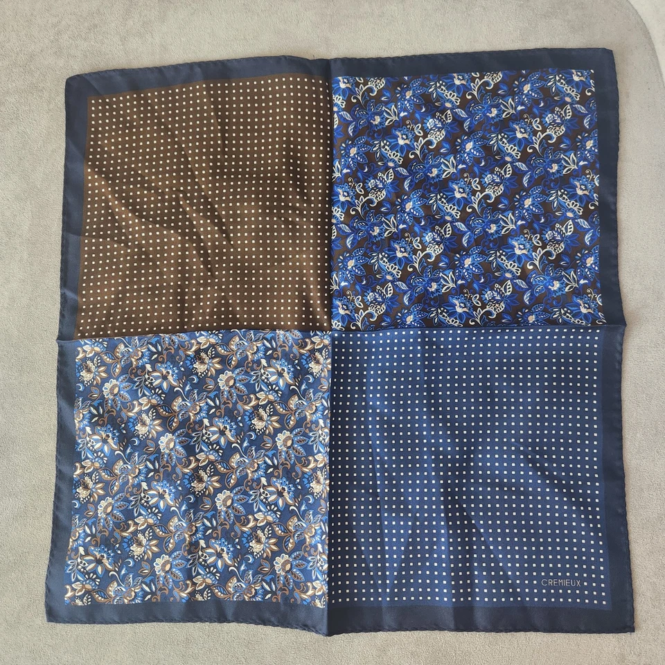 Cremieux pocket square brown blue 100% silk panels polka dot floral new $35 - Image 2 of 4
