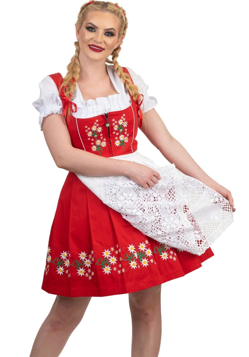 red oktoberfest dress Midi Bavarian Dirndl Joelina  Silk Satin Oktoberfest Dress L / Apron, Lace-up Bodice, Traditional Bavarian Style / Oktoberfest / Bavarian