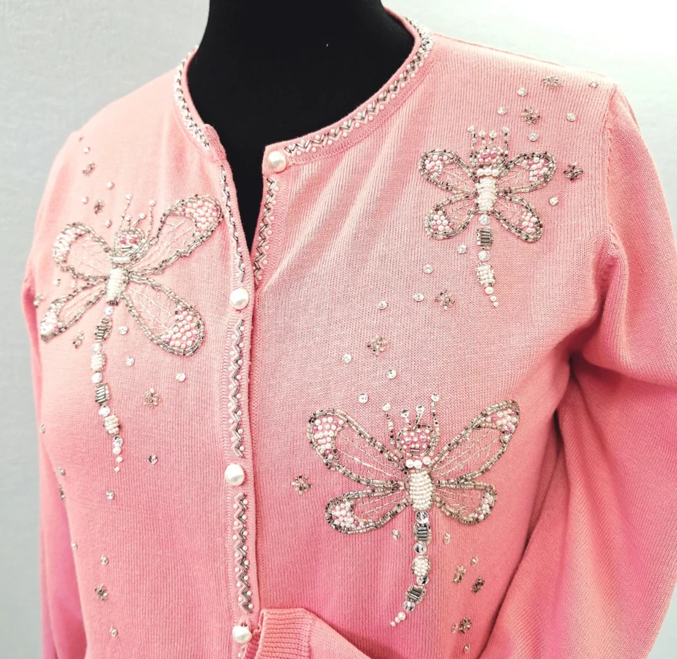 VTG Bob Mackie PINK SWEATER CARDIGAN Beaded Pearls DRAGONFLY Embroidered SZ L - Image 2 of 4