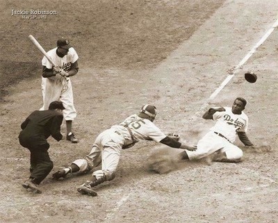661747 Jackie Robinson Steals Home Base Brooklyn Sepia Photo Wall Print Poster