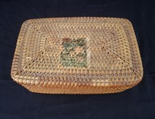 Vintage Antique Asian Hand Woven Rattan Lidded Box Basket With Partial Label 