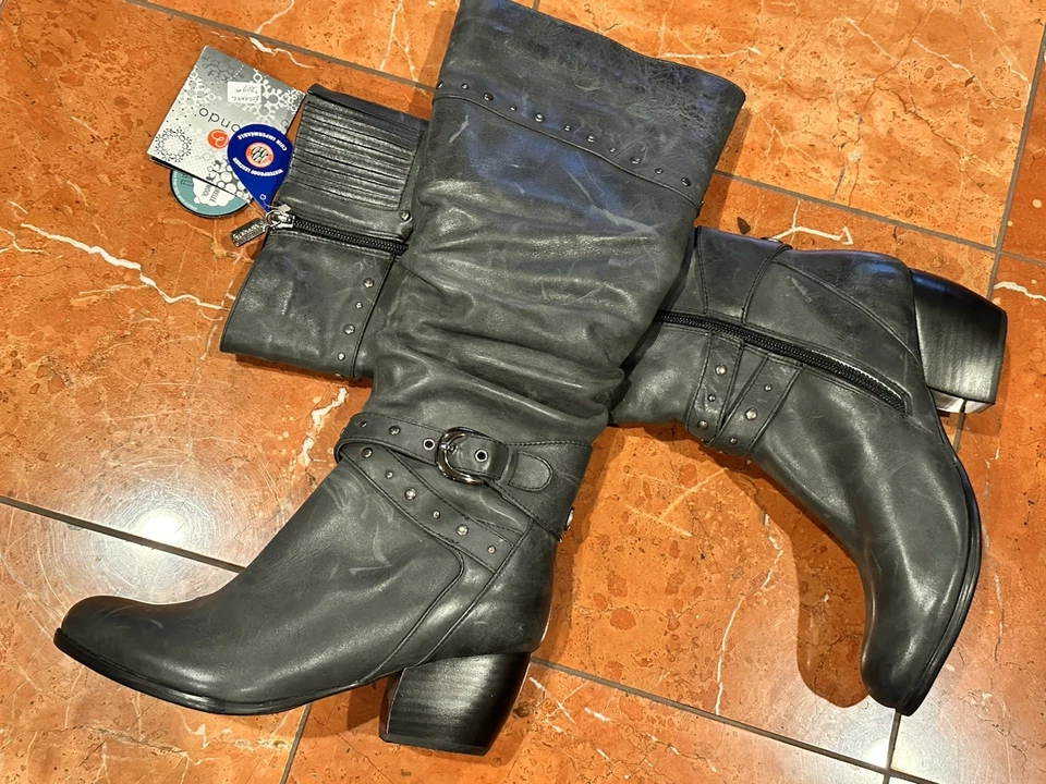 BLONDO ROSANNE 蓝色皮革及膝高筒靴跟 7.5 M 羊毛衬里防水新品 — 第 2/4 张图片