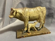 Antique Folk Art Carved Painted Wooden Cow & Calf Toy Fragment 