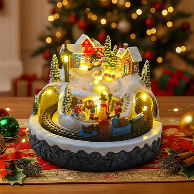 Christmas Village Decoration with Spinning Train & Snowman, Musical Collectib...