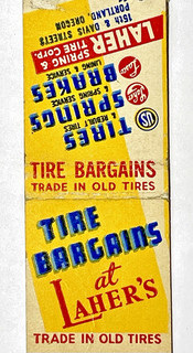PORTLAND OR 1930'S LAHER SPRING & TIRE CO 15th & DAVIS "FEATURE" MATCH COVER