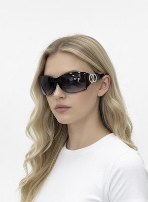 UV400 Women's Oversized Black Gradient Sunglasses w/ Silver Double Ring Detail 