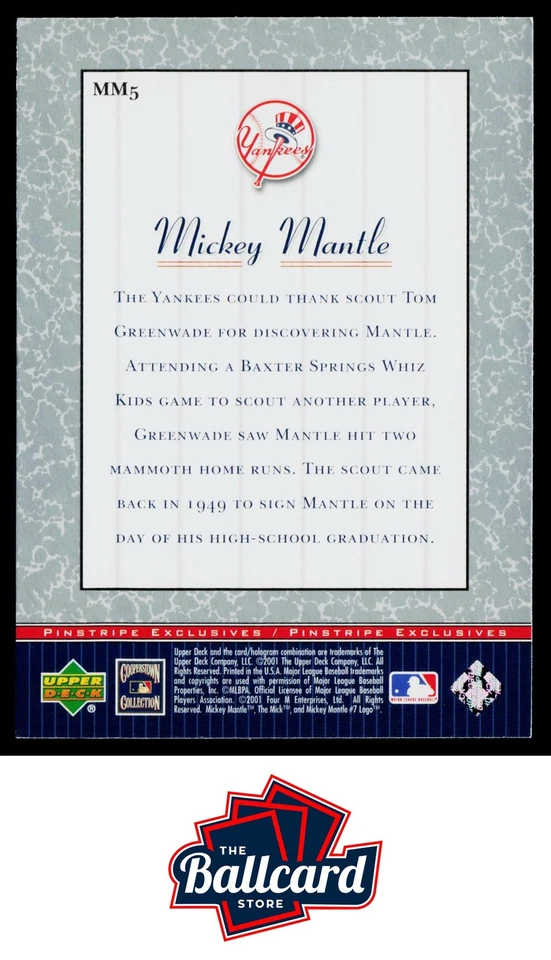 2001 Upper Deck #MM5 Mickey Mantle Pinstripe Exclusives Mickey Mantle - Image 2 of 2