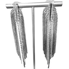 Rhinestone Fringe Earrings 4" Tassel Ball Chain Statement Boho Prom Silver Tone