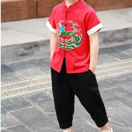 2pcs Kid Boy Shirt Ankle Pants Set Embroidered Dragon Chinese Style Summer Stage - Picture 10 of 14