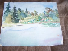 Original Watercolor By Peg Humphreys, Lake Scene 11.25"x13.5"