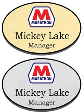 1 GOLD & 1 SILVER OVAL MARATHON PERSONALIZED NAME BADGES SAFETY PIN FASTENER