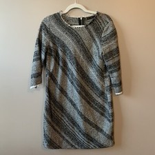 Zara Basic Black Gray Stripe Tweed Fringe Shift Dress Size Medium