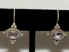 Signed FAS Amethyst Sterling Silver Rope Border Drop Pierced Earrings 