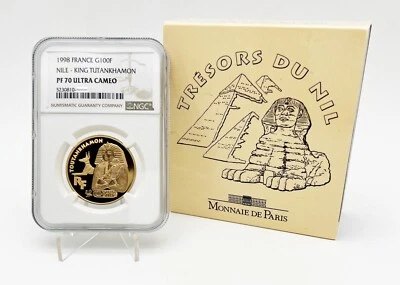 France 1998 100 Francs Nile King Toutankhamon Égypte 1/2 OZ Or Monnaie NGC PF70 - Photo 1/4