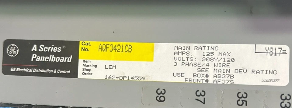 Placa de panel GE 125 Amp 208V MLO 3PH 4W serie A AQF3421CB 🟦 Foto 4 de 4
