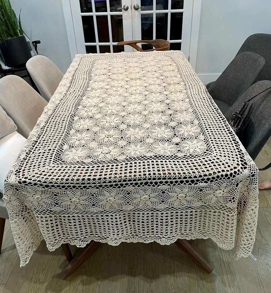 New Handmade Crochet Lace Tablecloth, rectangular 72" x 108" 100% Cotton, Beige - Image 3 of 4