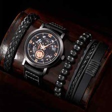 OROLOGIO DA POLSO ACCIAIO ECO PELLE, BRACCIALE CUOIO LEGNO, SACCHETTO REGALO SET